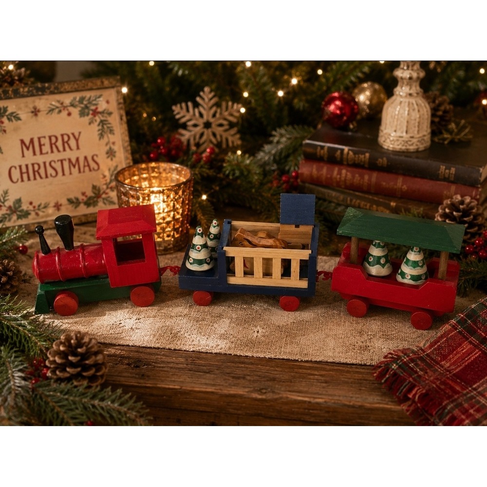 Vintage Windsor Collection 11 Pc Wooden Christmas Train Set w/ Original Box